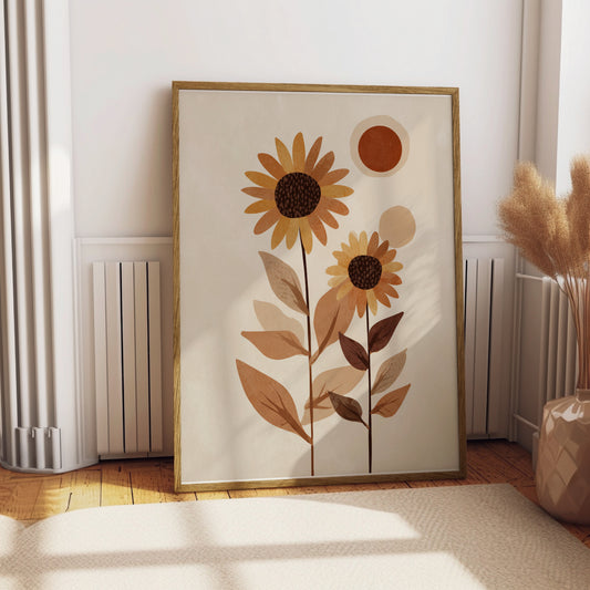 Abstract sun and sunflowers artwork in a framed print on a wooden floor.