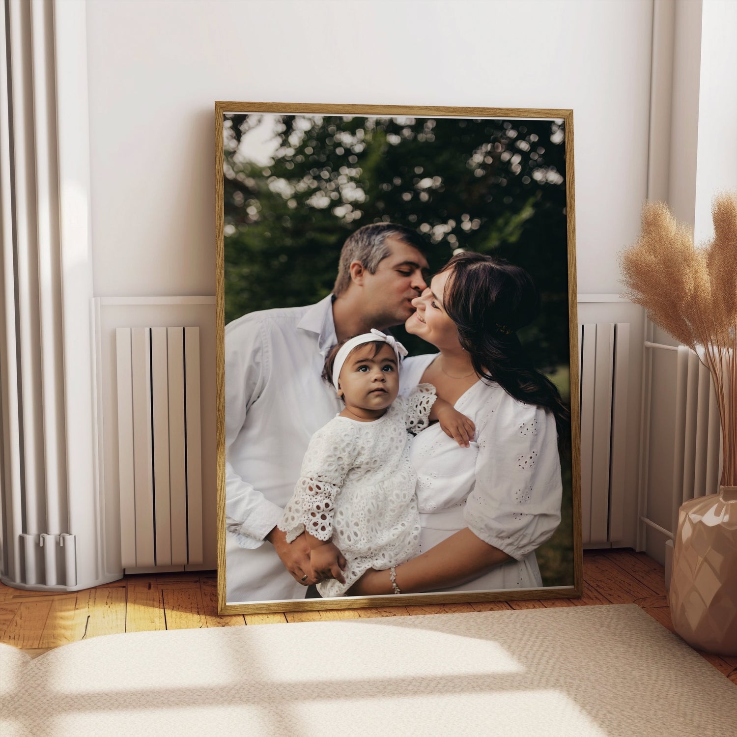 A custom poster displaying a family photo in a cozy living room setting, capturing joyful moments together.