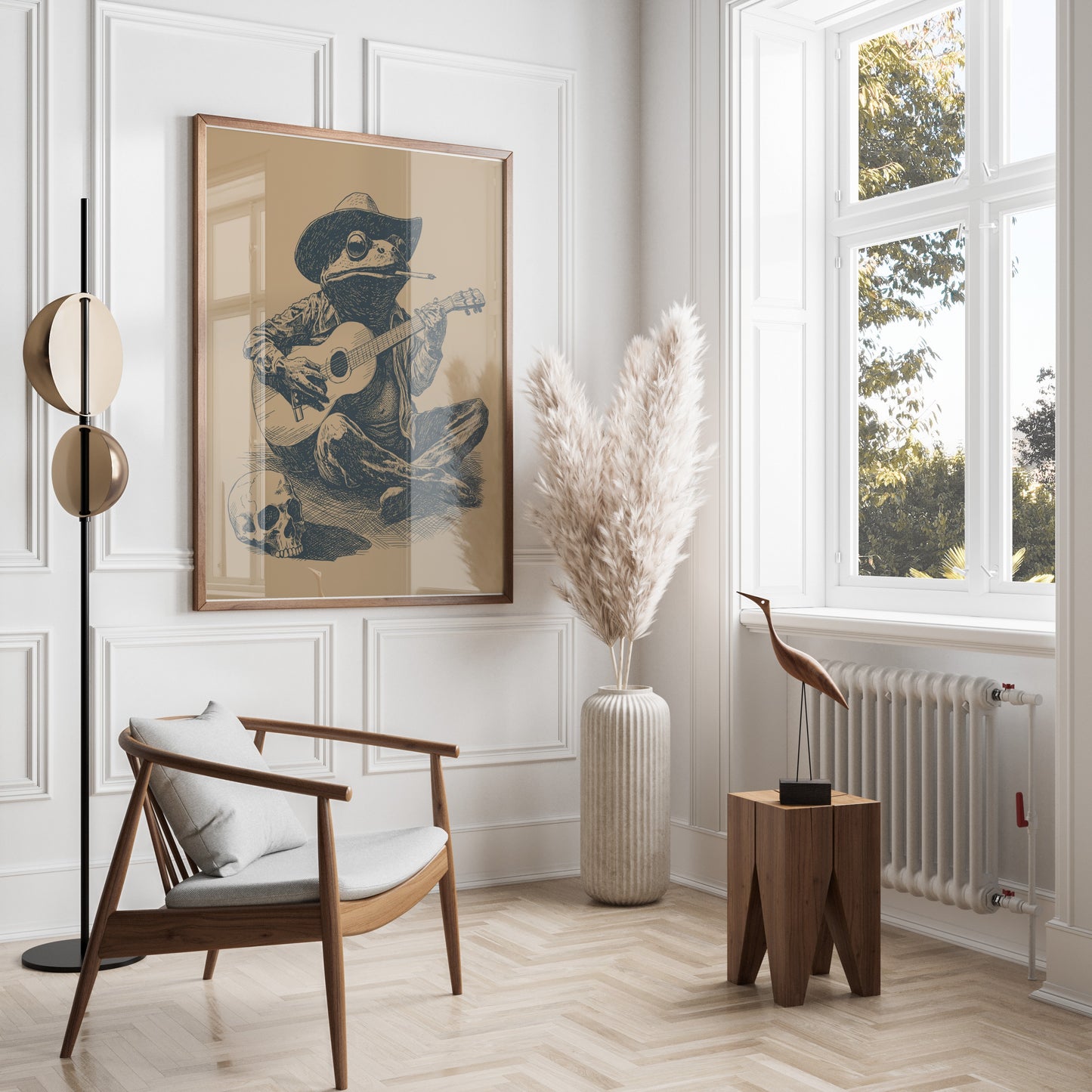 Framed sketch of a frog playing guitar, wearing a cowboy hat, in a stylish room.