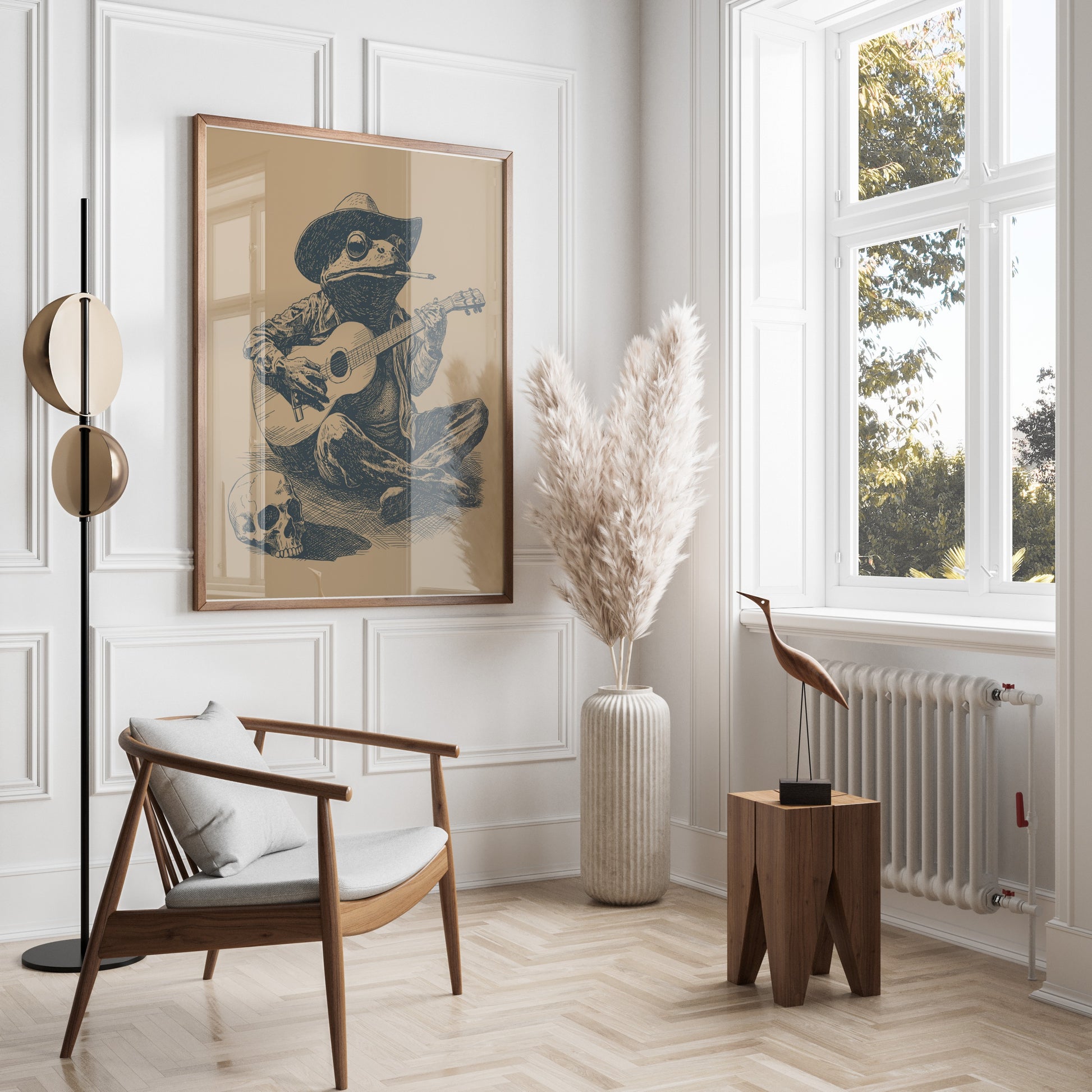 Framed sketch of a frog playing guitar, wearing a cowboy hat, in a stylish room.