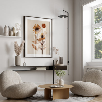 Beige armchair seating around a round coffee table with floral art.