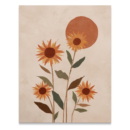 Abstract art of sunflowers against a sunset on a textured cream background.