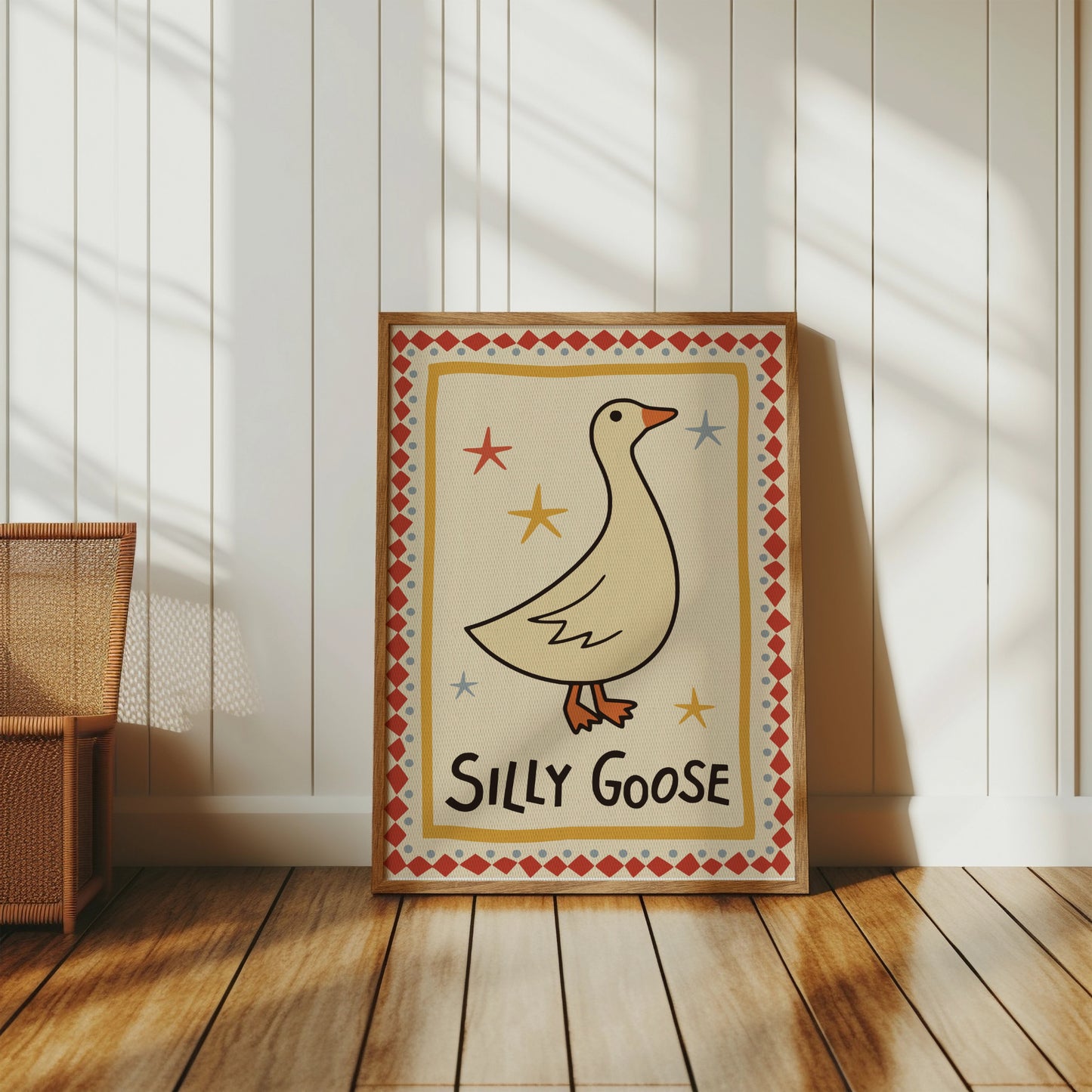 Framed print with a cartoon goose and the text "Silly Goose".