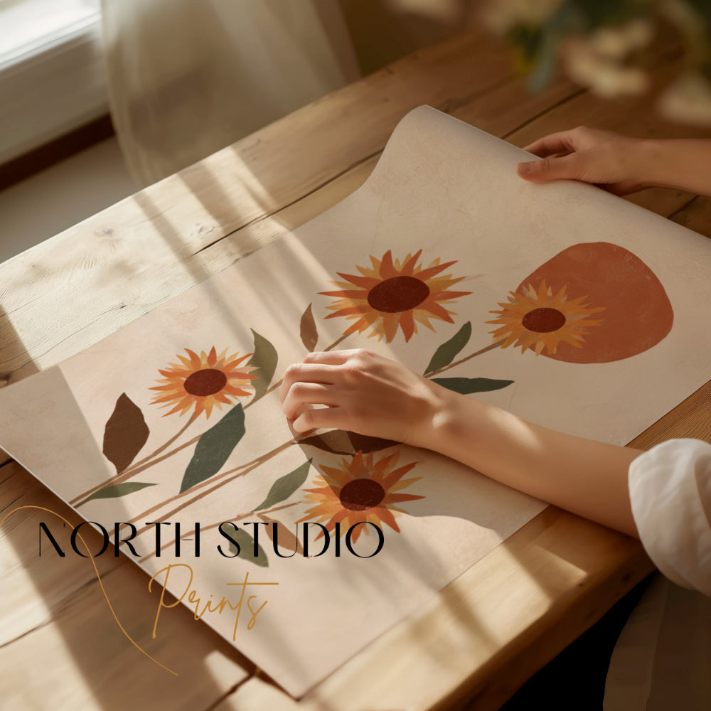 Abstract floral art with sunflowers and geometric shapes.
