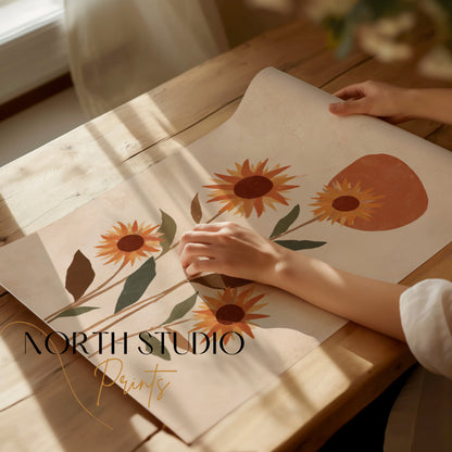 Abstract floral art with sunflowers and geometric shapes.