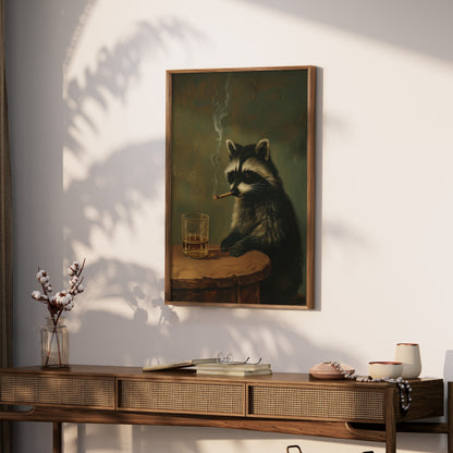 Painting of a raccoon smoking a cigarette next to a drink on a table.