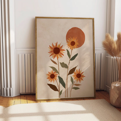 Framed abstract art with sunflowers and a sun in warm earthy tones.