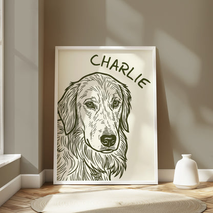 Line drawing portrait of a Golden Retriever with the name "Charlie" above its head.