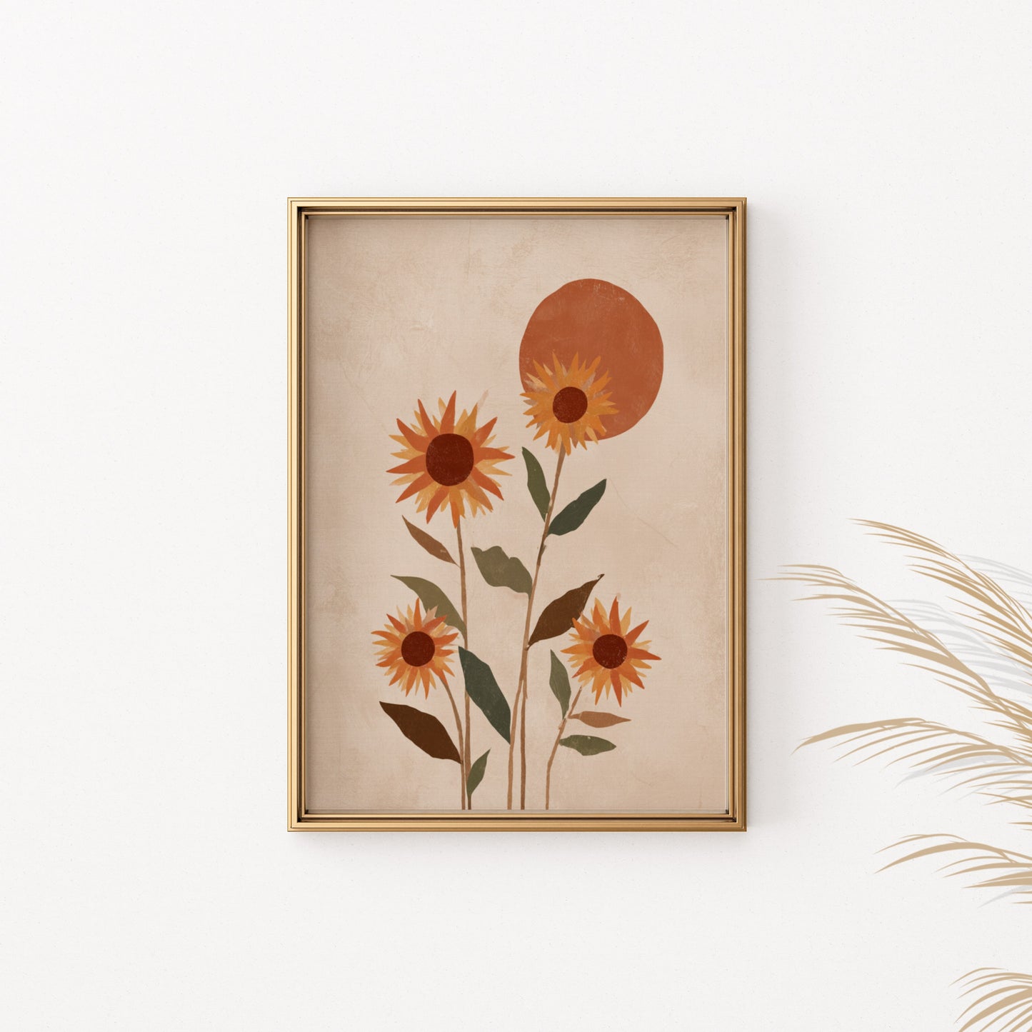 Abstract art print with sunflowers and a sun on textured paper in a gold frame.
