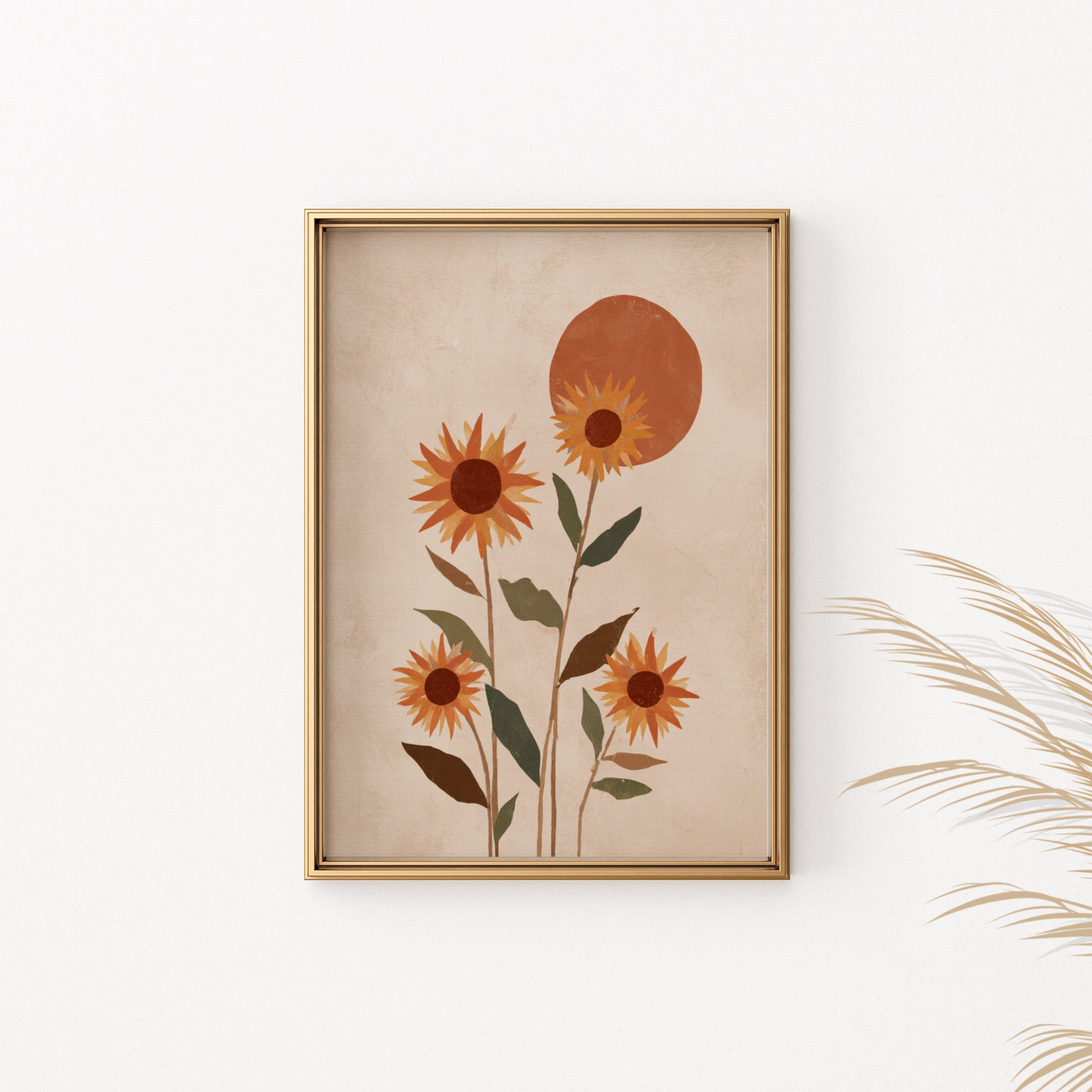 Abstract art print with sunflowers and a sun on textured paper in a gold frame.