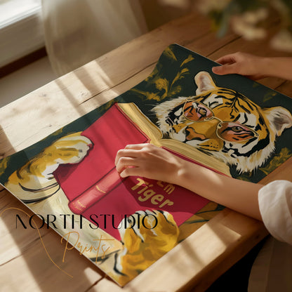 Tiger wearing sunglasses reading a red book.
