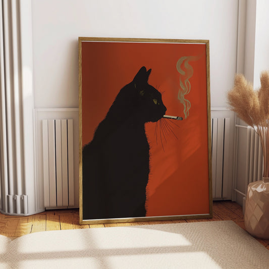 Black cat silhouette exhaling smoke against a warm orange background.