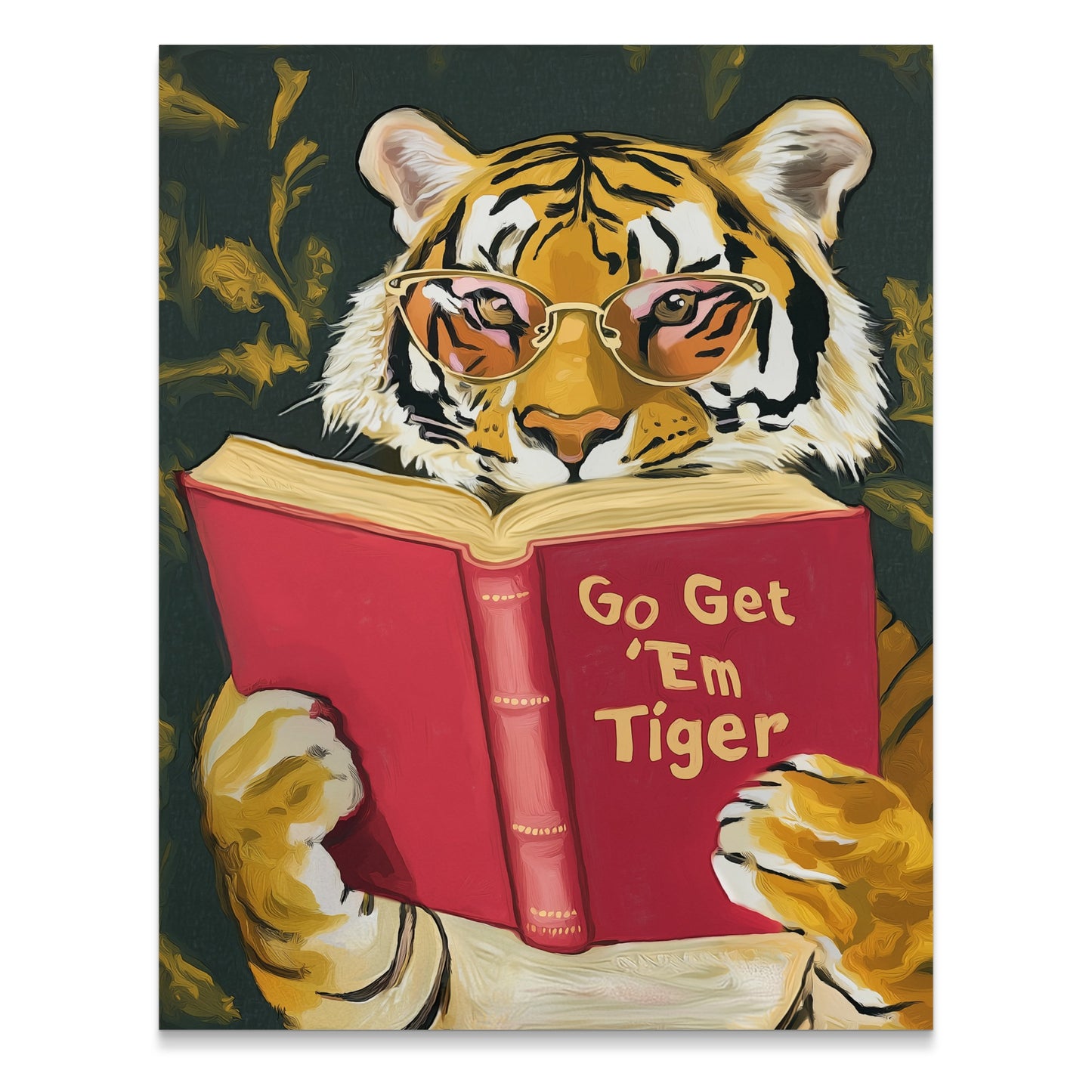 Tiger wearing glasses reads a book with "Go Get 'Em Tiger" title.
