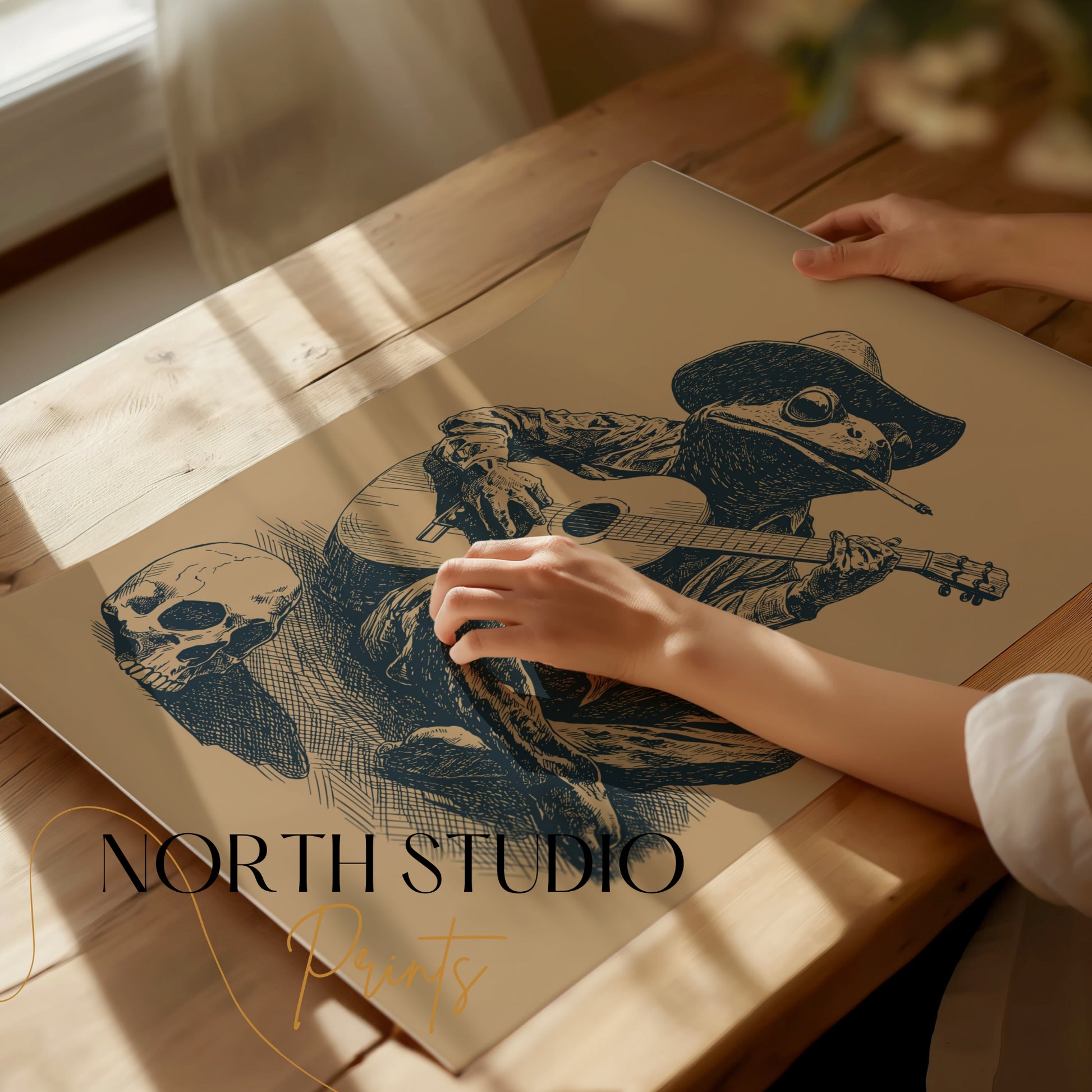 Frog wearing a cowboy hat plays guitar with a skull beside it.