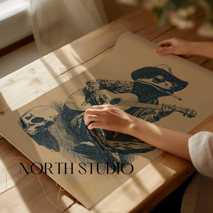 Frog wearing a cowboy hat plays guitar with a skull beside it.