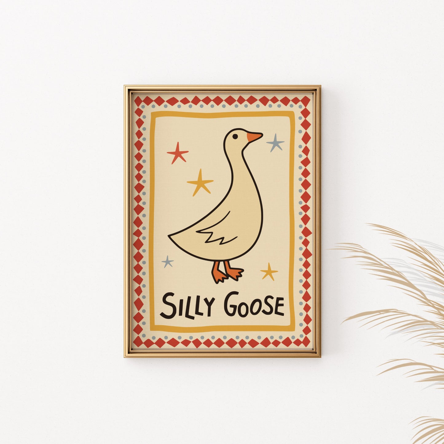 Framed "Silly Goose" art with stars and patterned border.