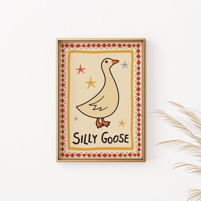 Framed "Silly Goose" art with stars and patterned border.
