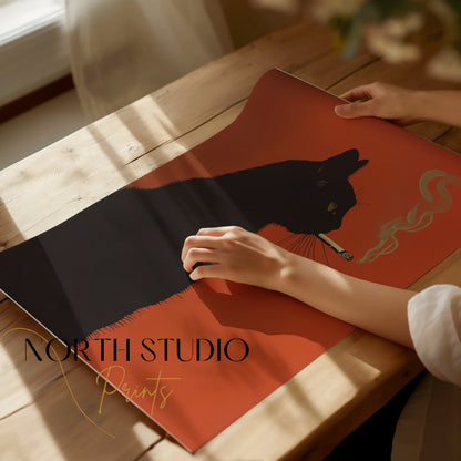 Black cat silhouette with cigarette on orange background, "North Studio Prints" text.