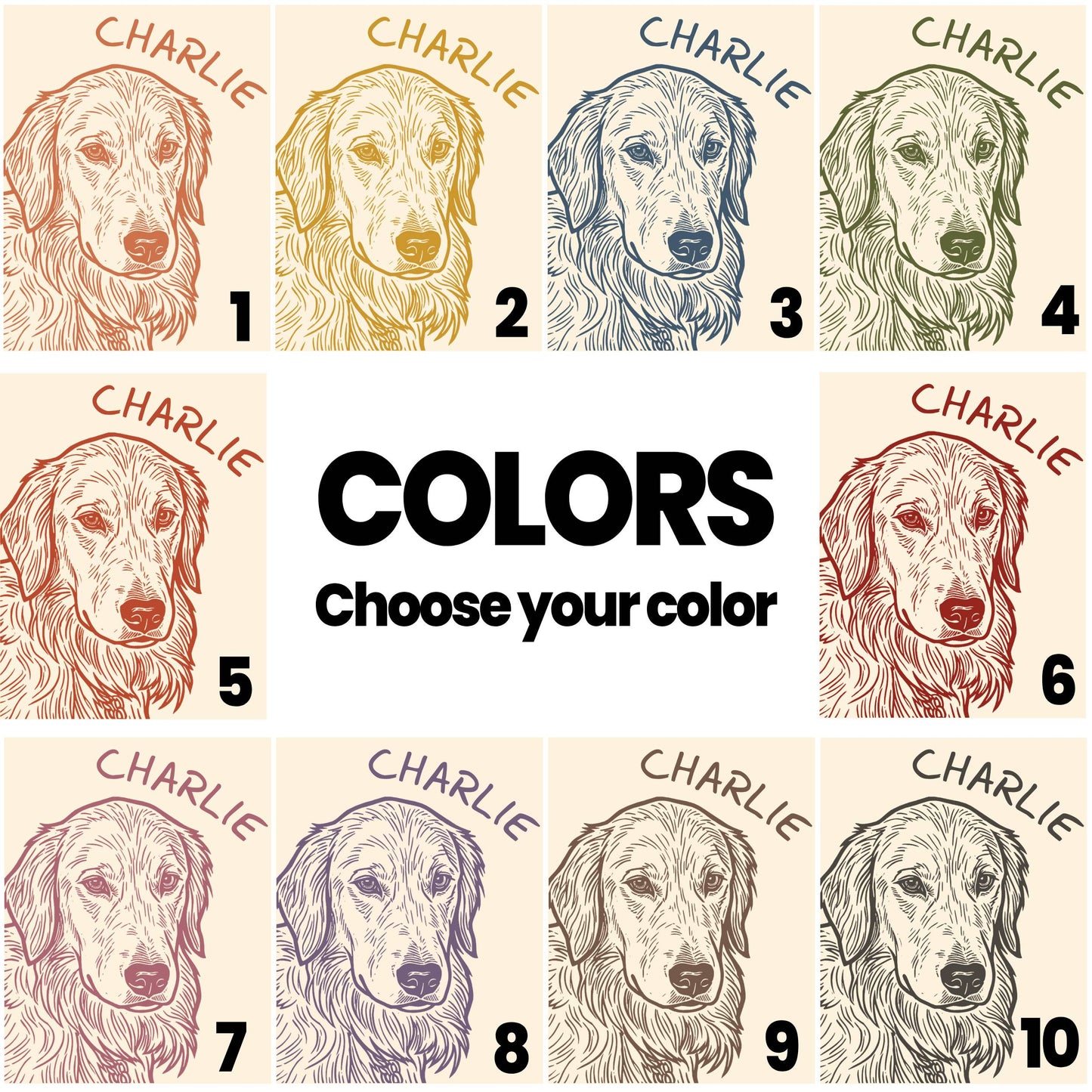Dog portrait variations in ten different color options, labeled 1 through 10.