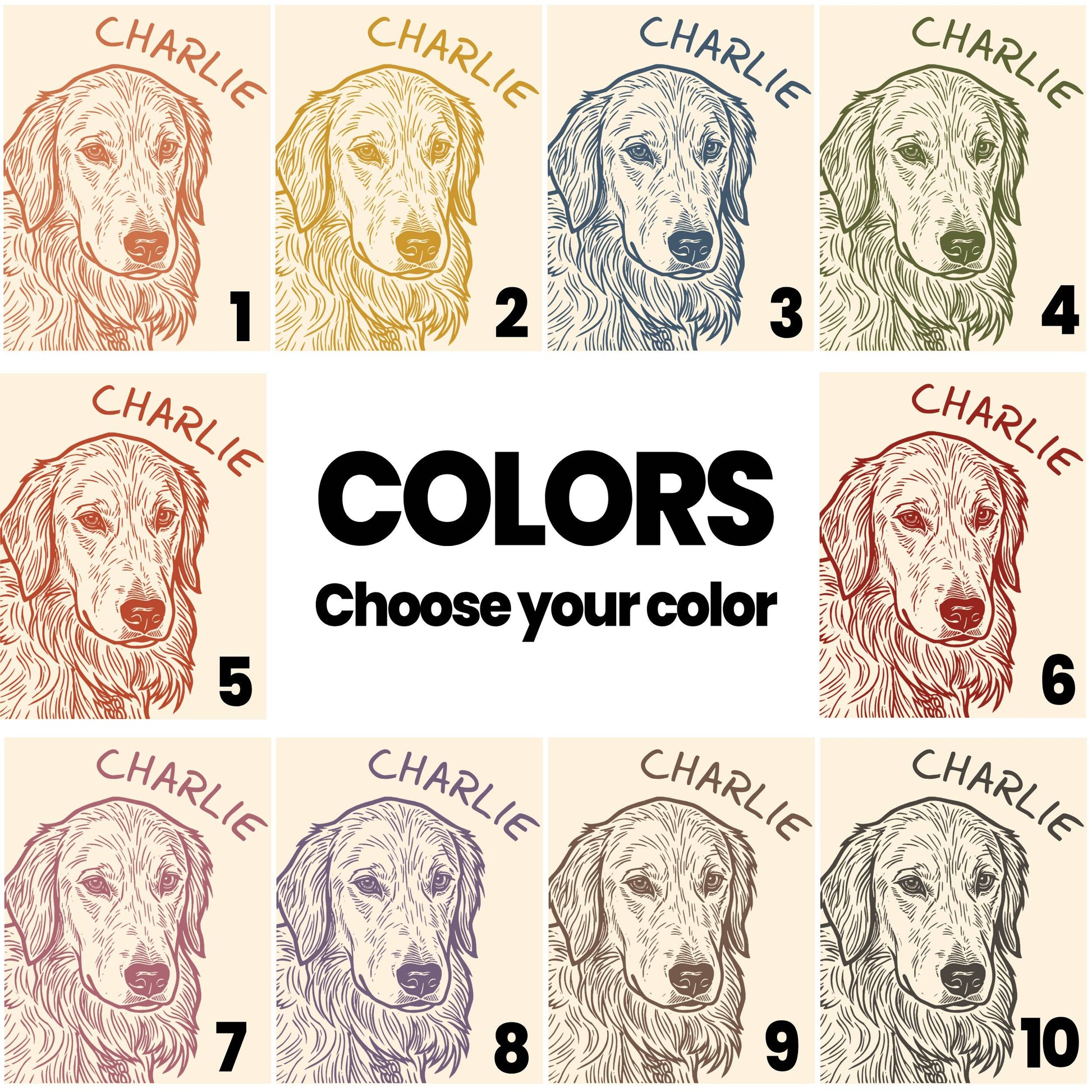 Dog portrait variations in ten different color options, labeled 1 through 10.