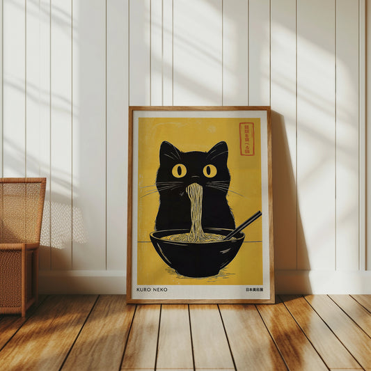 Black cat eating ramen from a bowl with chopsticks in a framed poster.