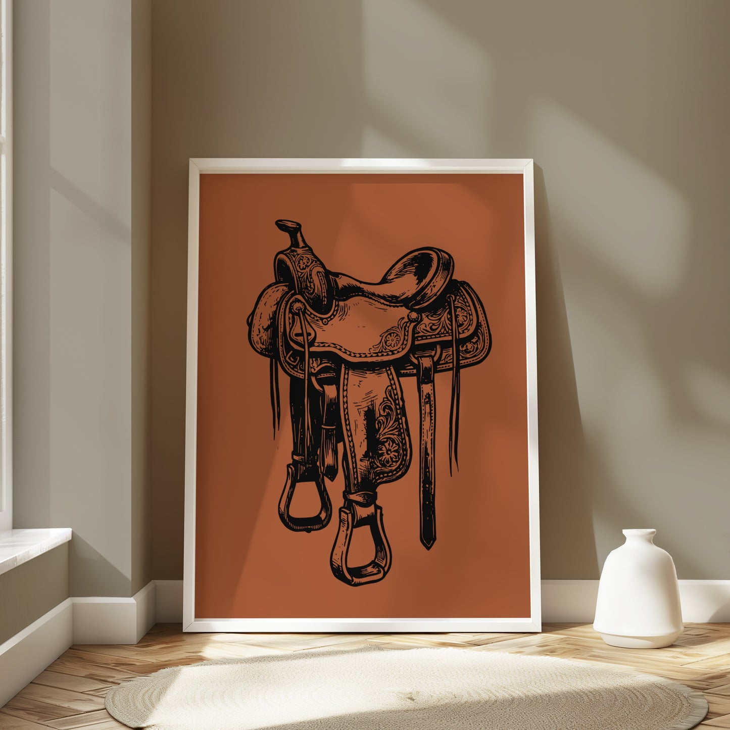 Line drawing of a western saddle on a terracotta background.