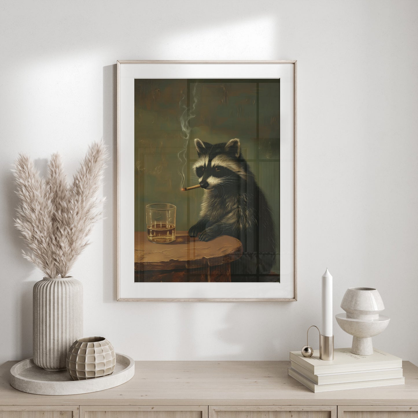 Raccoon smoking a cigarette, sitting at a table with a drink.