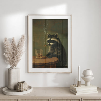 Raccoon smoking a cigarette, sitting at a table with a drink.