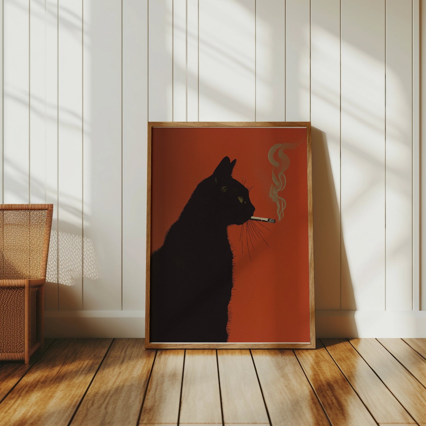 Framed artwork of a black cat smoking a cigarette.
