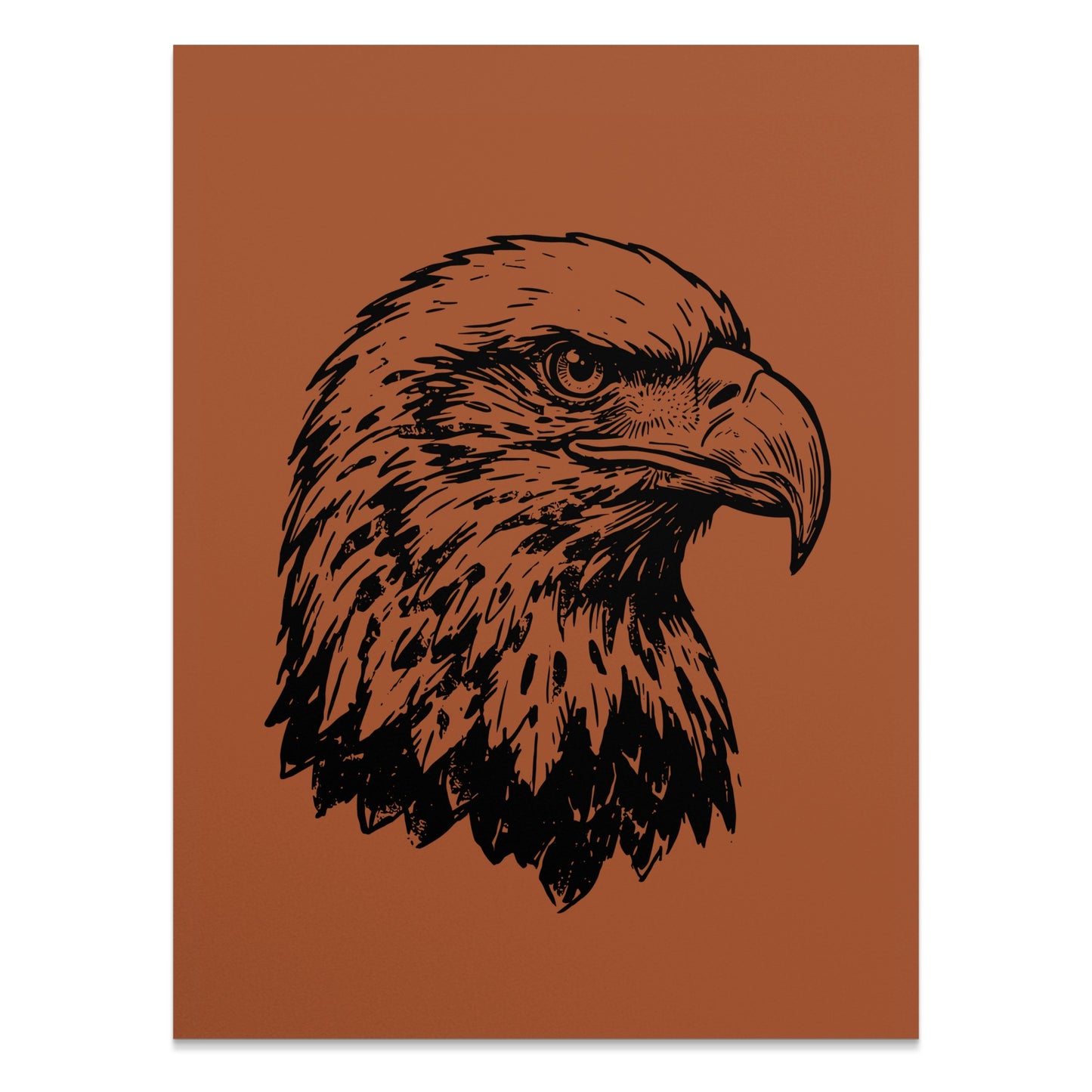Black ink drawing of an eagle's head against a brown background.