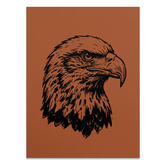 Black ink drawing of an eagle's head against a brown background.