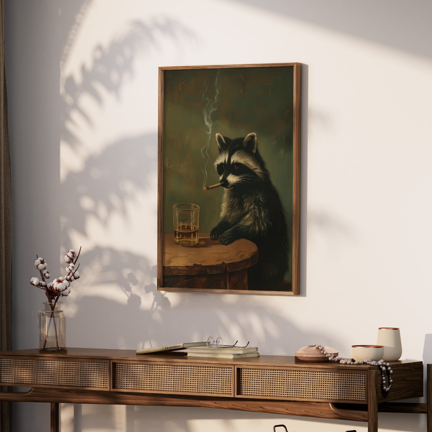 Painting of a raccoon smoking a cigar and drinking from a glass.