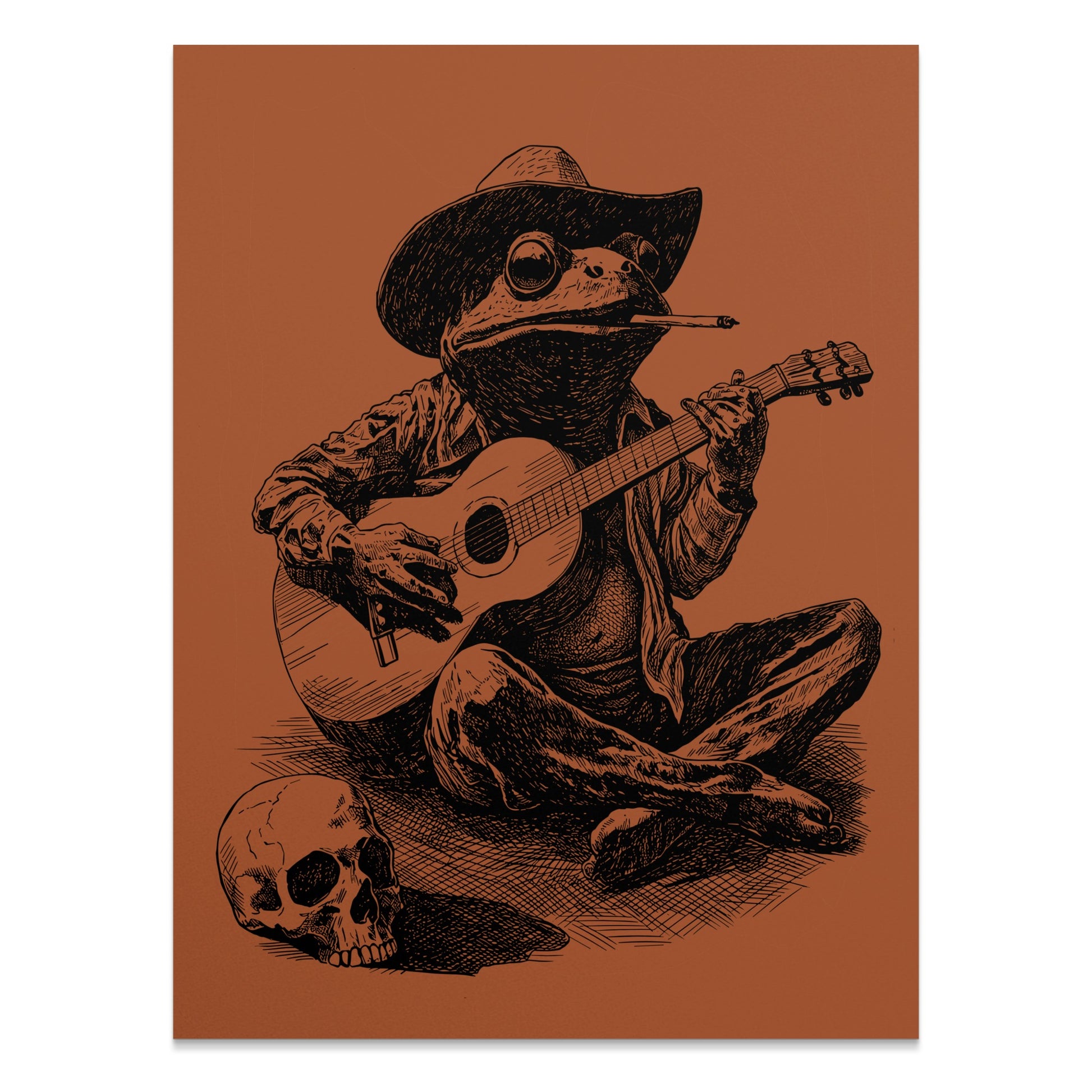 A frog in a cowboy hat plays guitar next to a skull.
