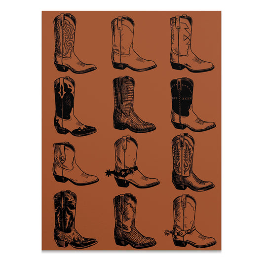 Collection of twelve detailed black and white cowboy boot illustrations on a brown background.